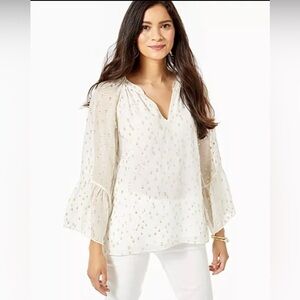 Lilly Pulitzer MATILDA SILK TOP Coconut FISH GOLD Clip Chiffon XS